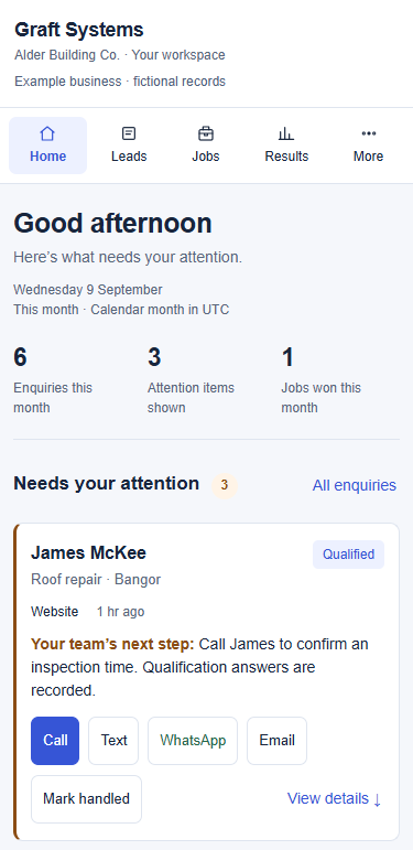 The customer dashboard on a phone, filled with an example business’s fictional records: this month’s enquiries, what needs attention, and the first enquiry, a roof repair in Bangor, with its next step.
